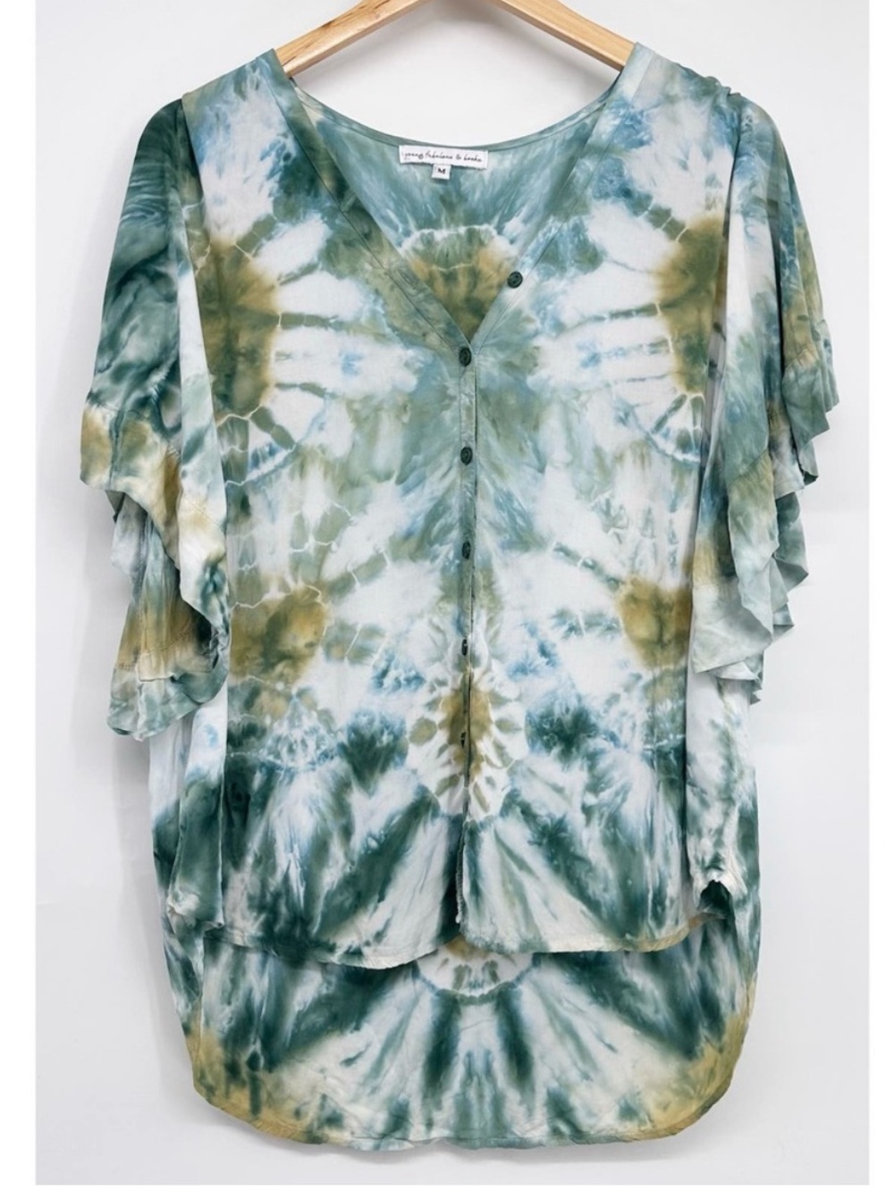 Young Fabulous & Broke Green and Cream Tie-Dye Flutter Sleeve Tunic